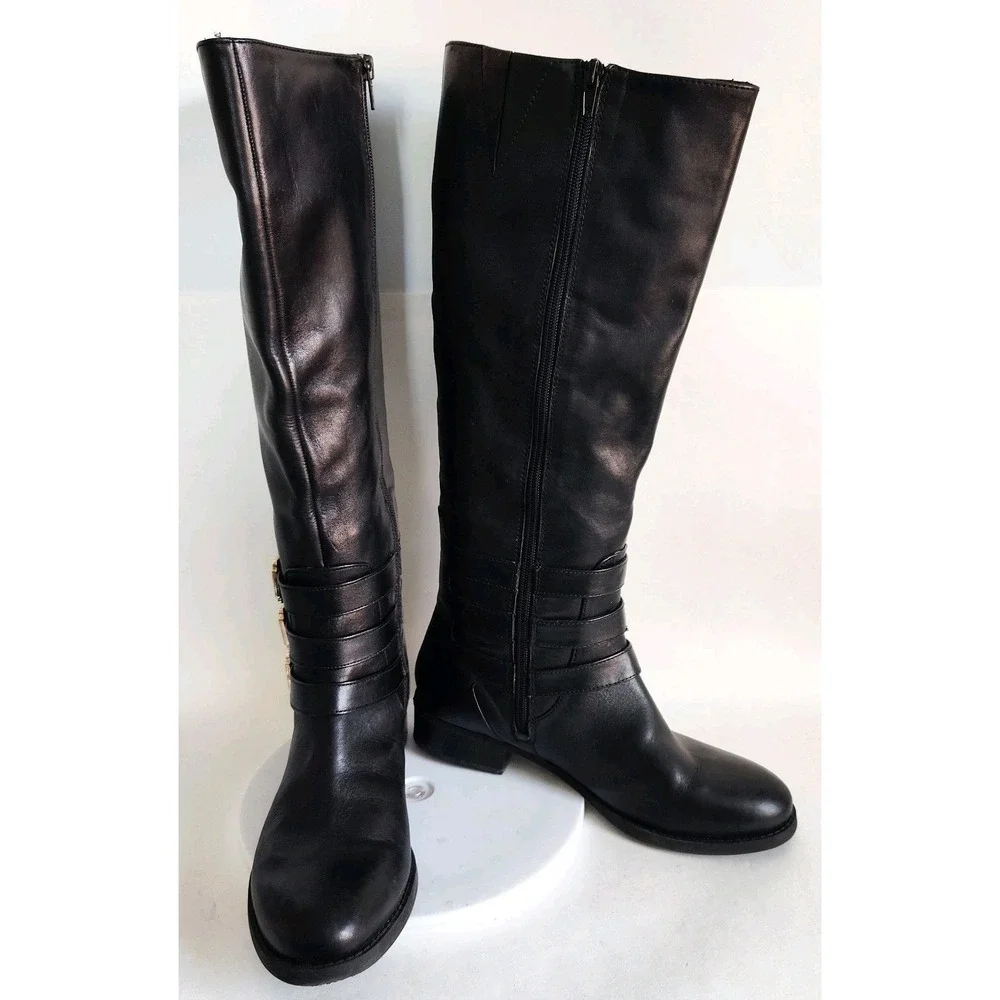 Inc Knee High Riding Boots Size‎ 8.5 Francy Black Wide Calf Leather Gold Buckles